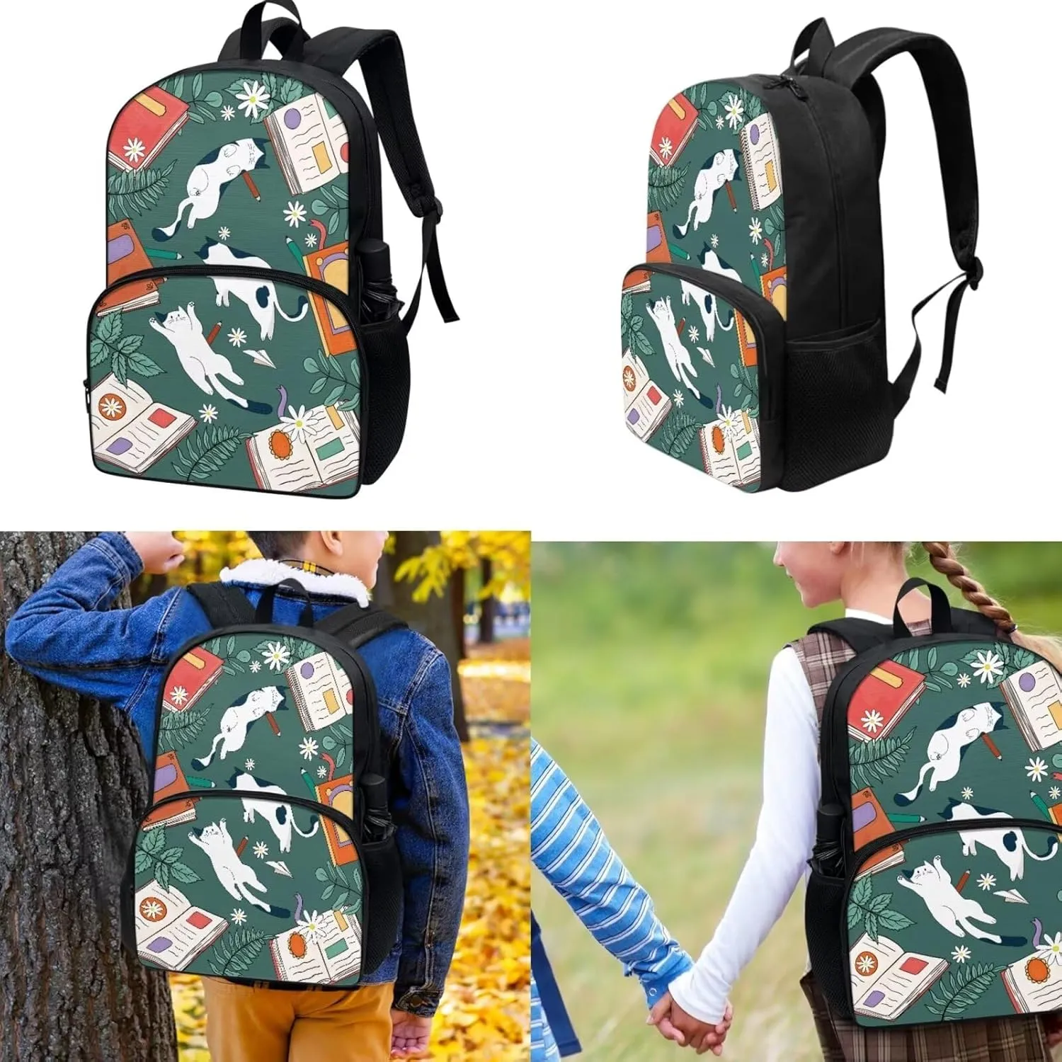 17 Inch Backpack Cats and Books School Laptop Bag Bookbag for Women Teens Students Office Picnic Travel Comfortable Unfading Large Capacity Adjustable