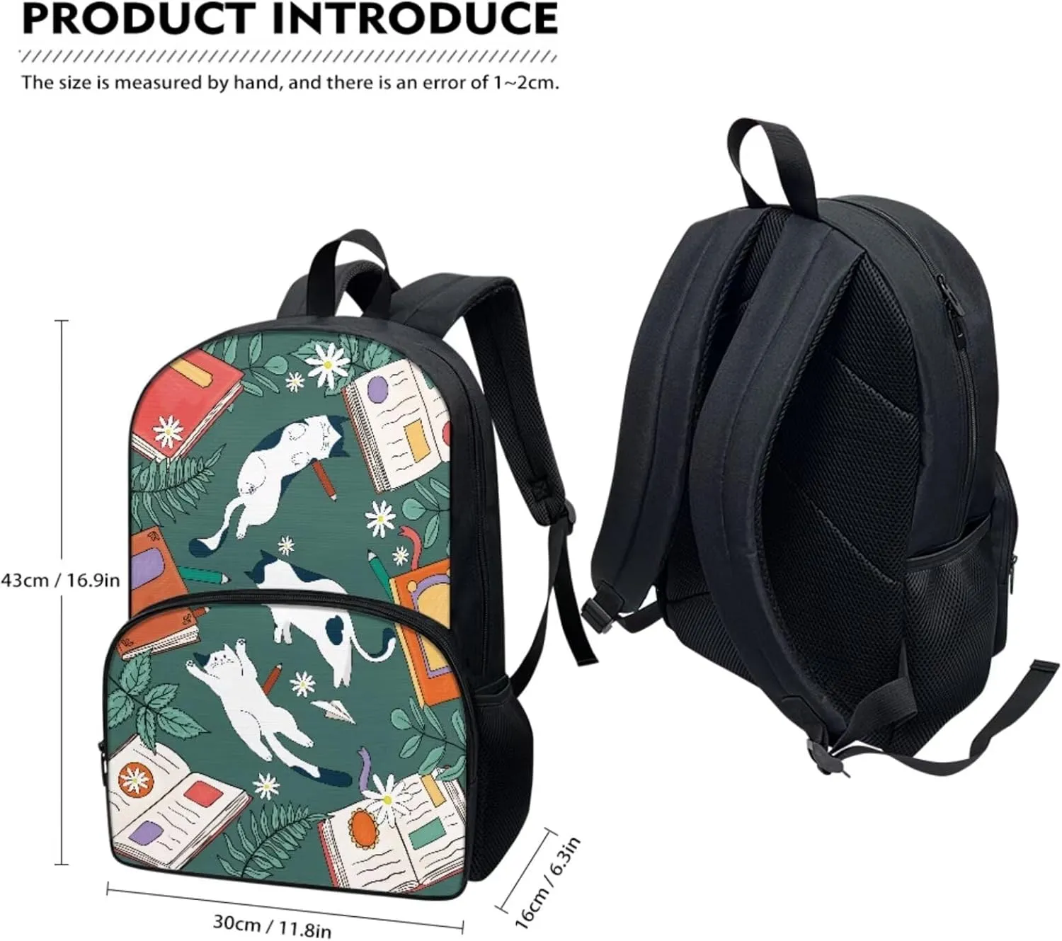 17 Inch Backpack Cats and Books School Laptop Bag Bookbag for Women Teens Students Office Picnic Travel Comfortable Unfading Large Capacity Adjustable
