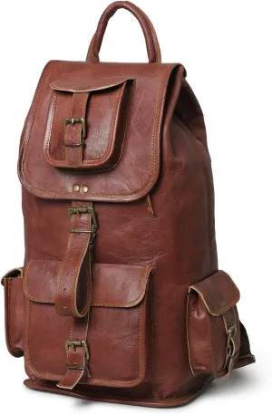 18" Leather Backpack Vintage Rucksack Laptop Bag Casual Daypack Colleges Comfortable Light-weight For Men and Women Brown Color