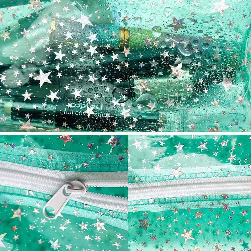 1PCS Star Printing Clear Cosmetics Makeup Bag Waterproof Travel Toiletry Storage Bag Vinyl Plastic PVC Zippered Organizer for Girls Friends Women (blue)