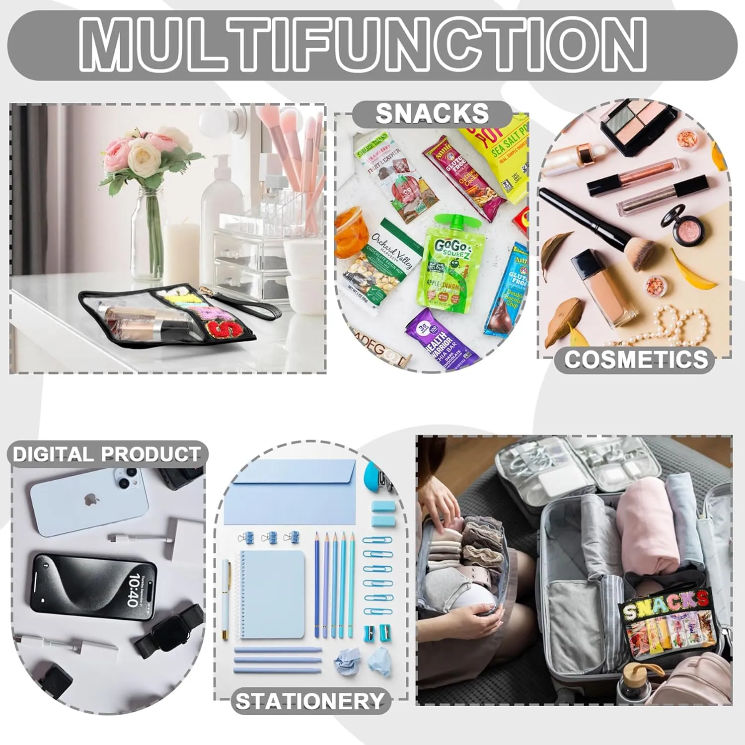 2 PCS Snack Bags Clear Pouch Travel Makeup Bag Chenille Letter Bags for Zipper Pouch Clear Cosmetic Bag Clear Tote Bag Makeup Travel Bag for Women Girls (Black Pink)