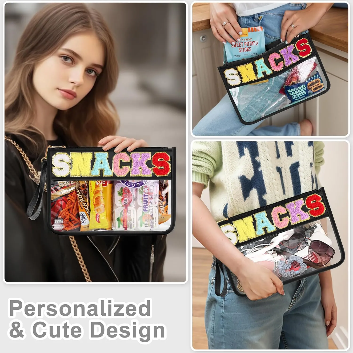 2 PCS Snack Bags Clear Pouch Travel Makeup Bag Chenille Letter Bags for Zipper Pouch Clear Cosmetic Bag Clear Tote Bag Makeup Travel Bag for Women Girls (Black Pink)