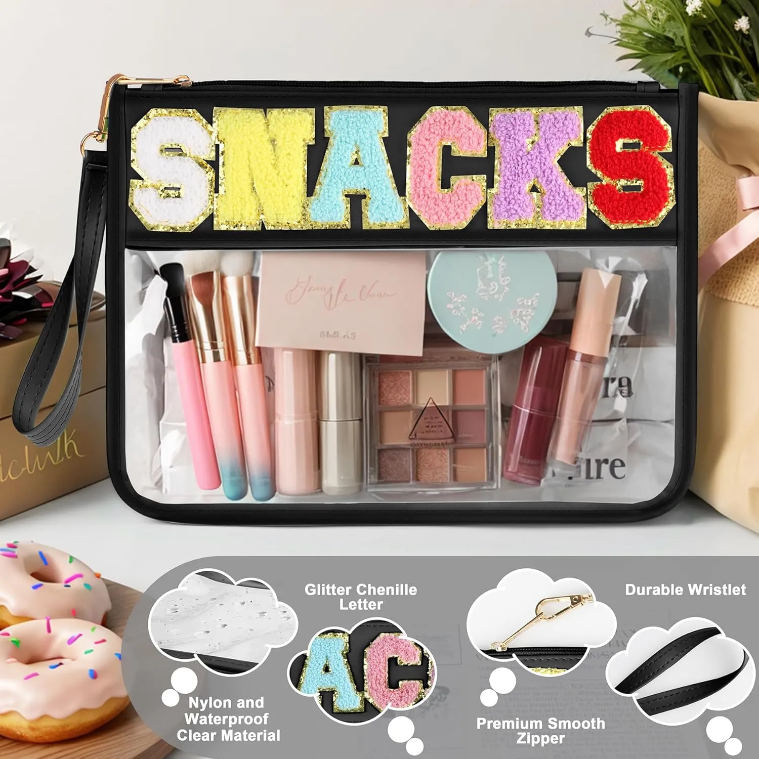2 PCS Snack Bags Clear Pouch Travel Makeup Bag Chenille Letter Bags for Zipper Pouch Clear Cosmetic Bag Clear Tote Bag Makeup Travel Bag for Women Girls (Black Pink)