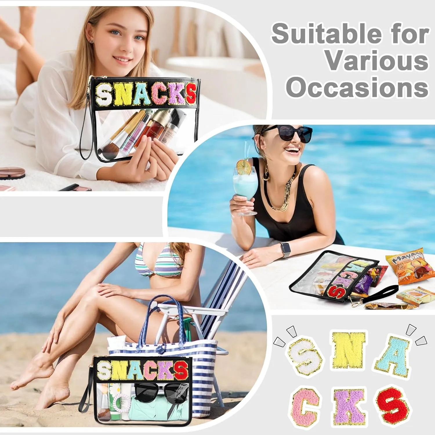2 PCS Snack Bags Clear Pouch Travel Makeup Bag Chenille Letter Bags for Zipper Pouch Clear Cosmetic Bag Clear Tote Bag Makeup Travel Bag for Women Girls (Black Pink)