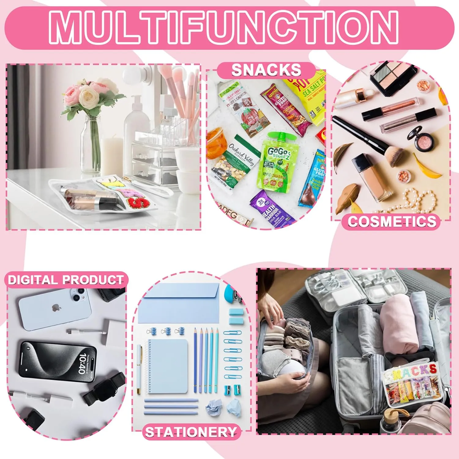 2 PCS Snack Bags Clear Pouch Travel Makeup Bag Chenille Letter Bags for Zipper Pouch Clear Cosmetic Bag Clear Tote Bag Makeup Travel Bag for Women Girls (White White)