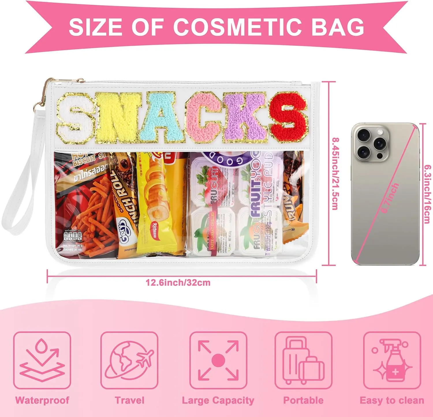 2 PCS Snack Bags Clear Pouch Travel Makeup Bag Chenille Letter Bags for Zipper Pouch Clear Cosmetic Bag Clear Tote Bag Makeup Travel Bag for Women Girls (White White)