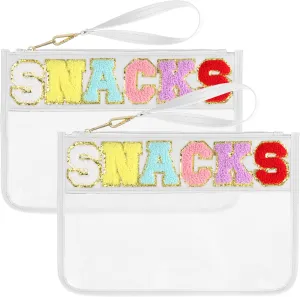 2 PCS Snack Bags Clear Pouch Travel Makeup Bag Chenille Letter Bags for Zipper Pouch Clear Cosmetic Bag Clear Tote Bag Makeup Travel Bag for Women Girls (White White)