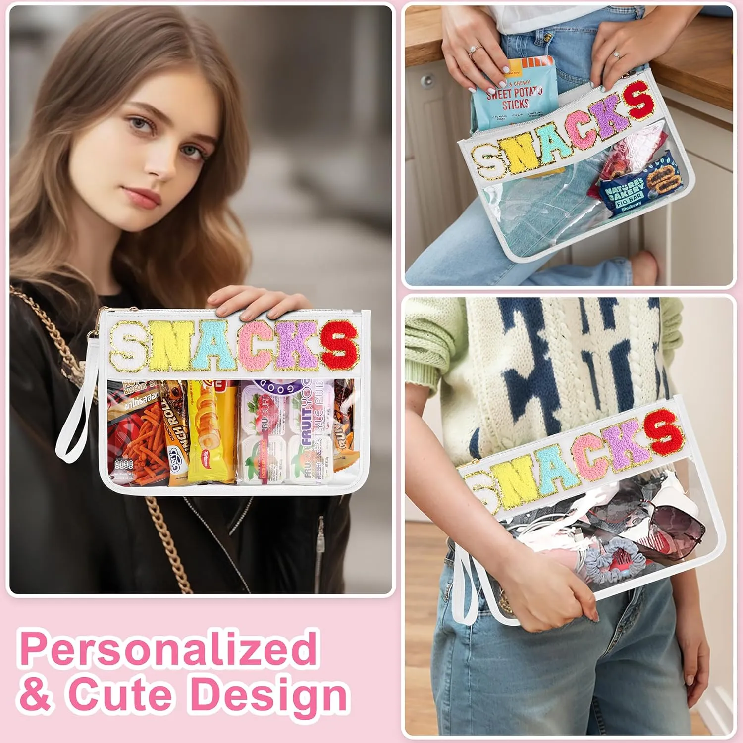2 PCS Snack Bags Clear Pouch Travel Makeup Bag Chenille Letter Bags for Zipper Pouch Clear Cosmetic Bag Clear Tote Bag Makeup Travel Bag for Women Girls (White White)