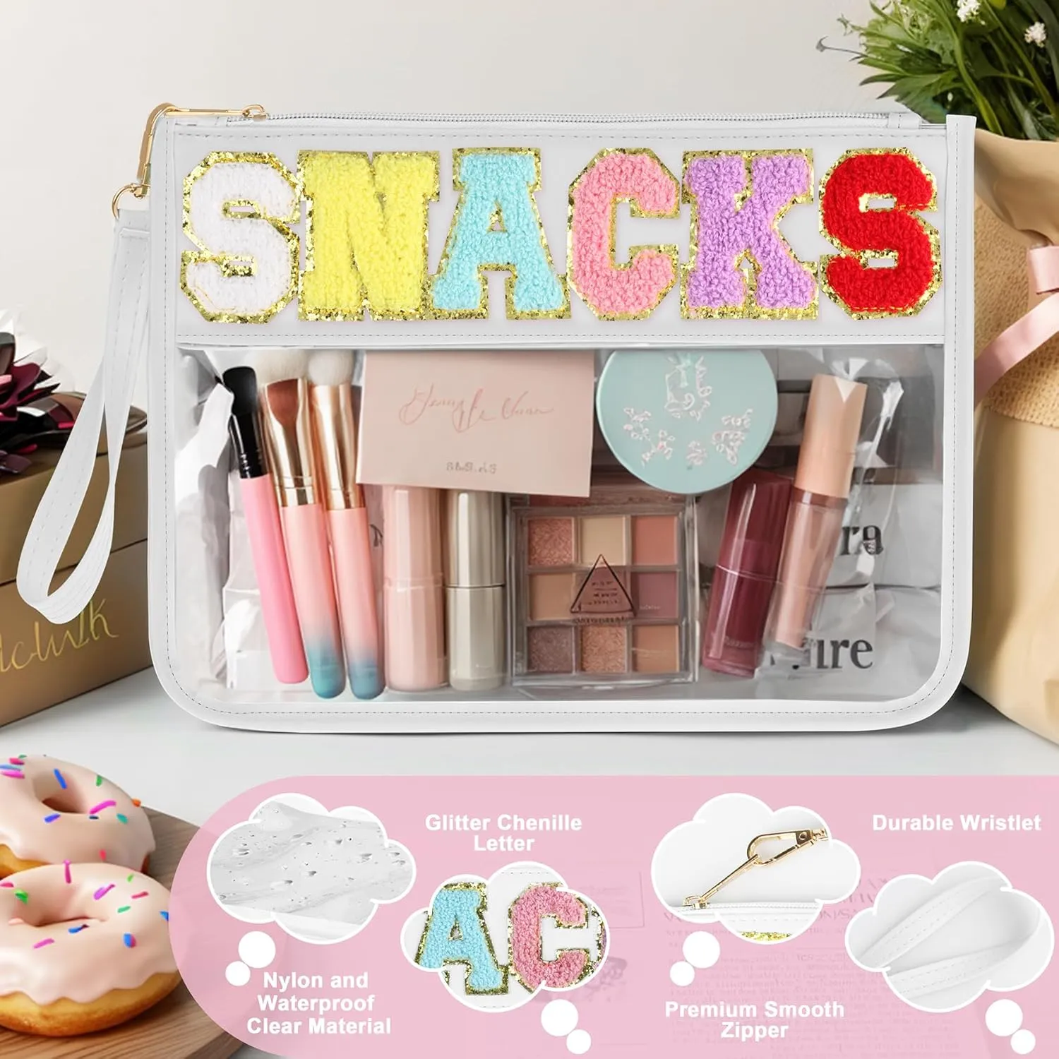 2 PCS Snack Bags Clear Pouch Travel Makeup Bag Chenille Letter Bags for Zipper Pouch Clear Cosmetic Bag Clear Tote Bag Makeup Travel Bag for Women Girls (White White)