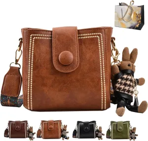 2025 New Bootara Bucket Bag, Bootara Women's Vintage Bunny Charm Bucket Bag, Stylish Minimalist Leather Purse (Brown)