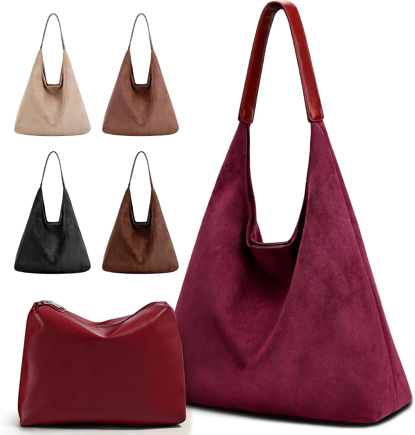 2PCS Suede Bag and Leather Purse Hobo Bags for Women Shoulder Bag Slouchy Bag Suede Tote Bag for Women Vegan