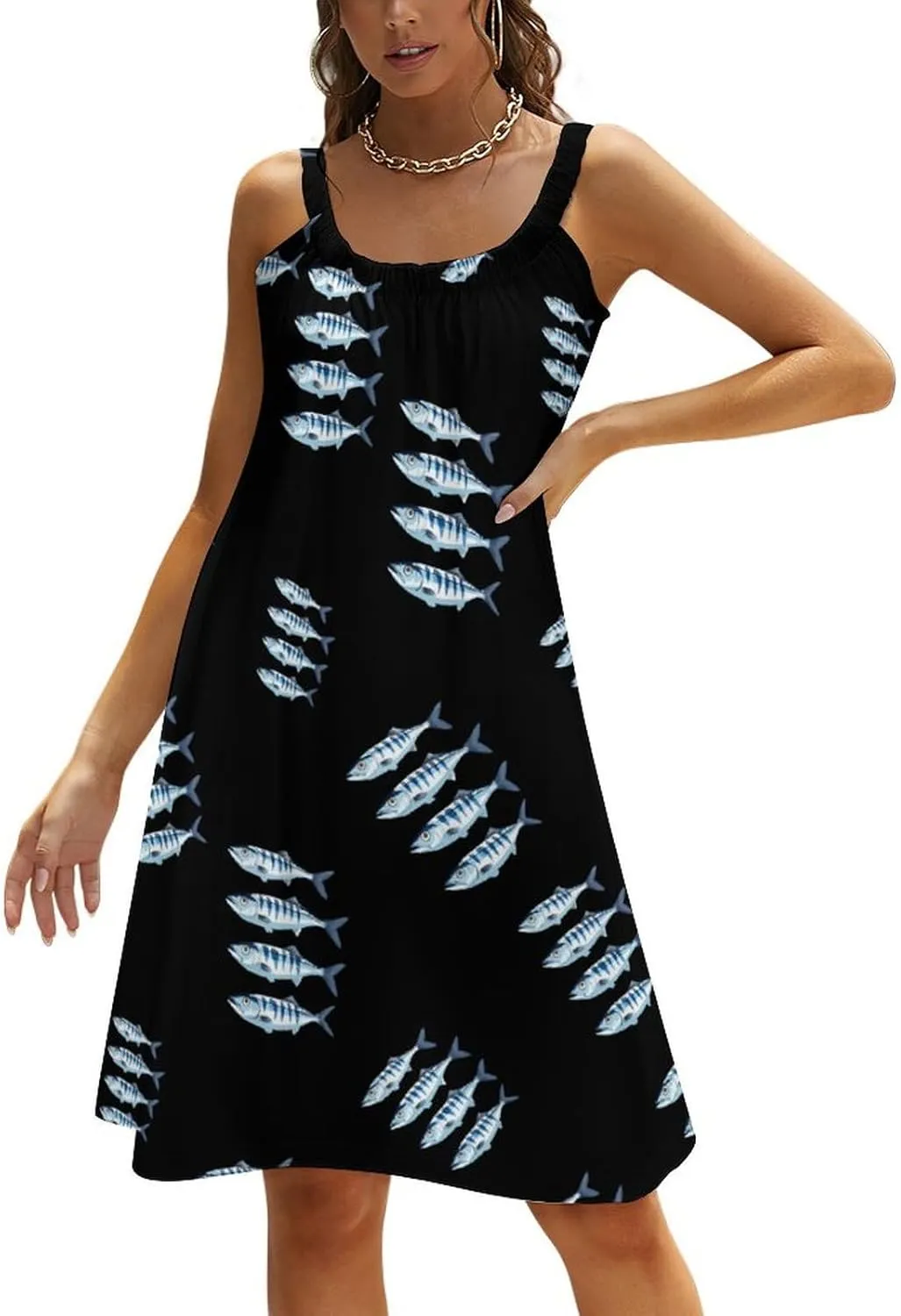 4 Mackerel Fish Cute Beach Mini Dresses Summer Slip Vacation Dress for Women Casual Flowy Sundress