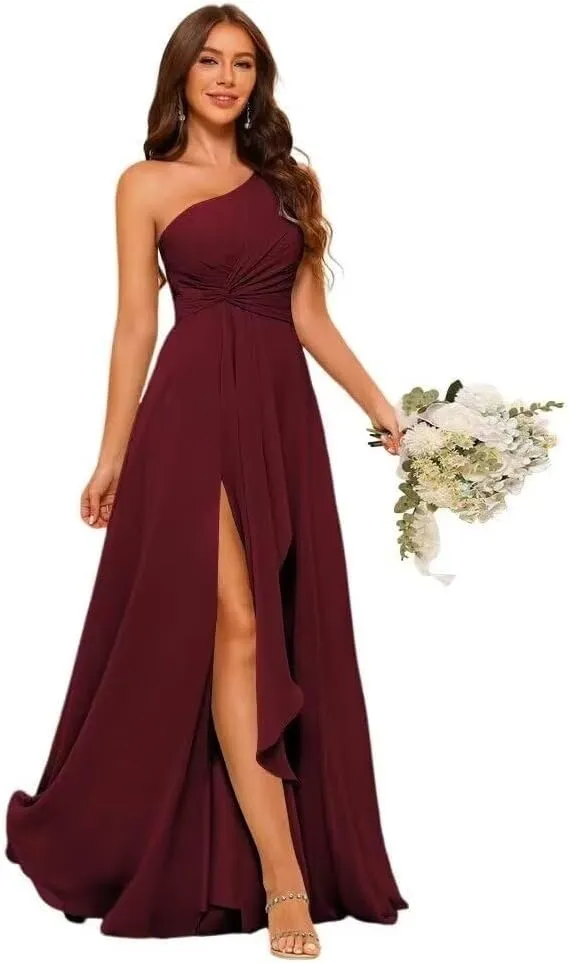 A-line Chiffon Bridesmaid Dress for Women, One Shoulder Formal Evening Gown Sleeveless Prom Dress