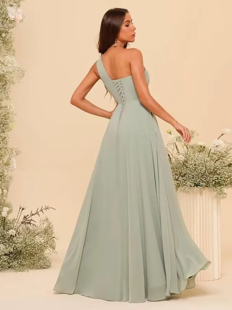 A-line Chiffon Bridesmaid Dress for Women, One Shoulder Formal Evening Gown Sleeveless Prom Dress