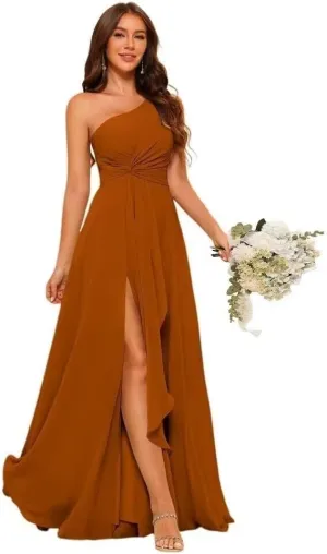 A-line Chiffon Bridesmaid Dress for Women, One Shoulder Formal Evening Gown Sleeveless Prom Dress
