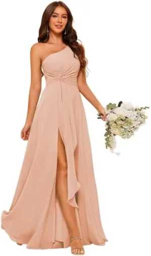 A-line Chiffon Bridesmaid Dress for Women, One Shoulder Formal Evening Gown Sleeveless Prom Dress