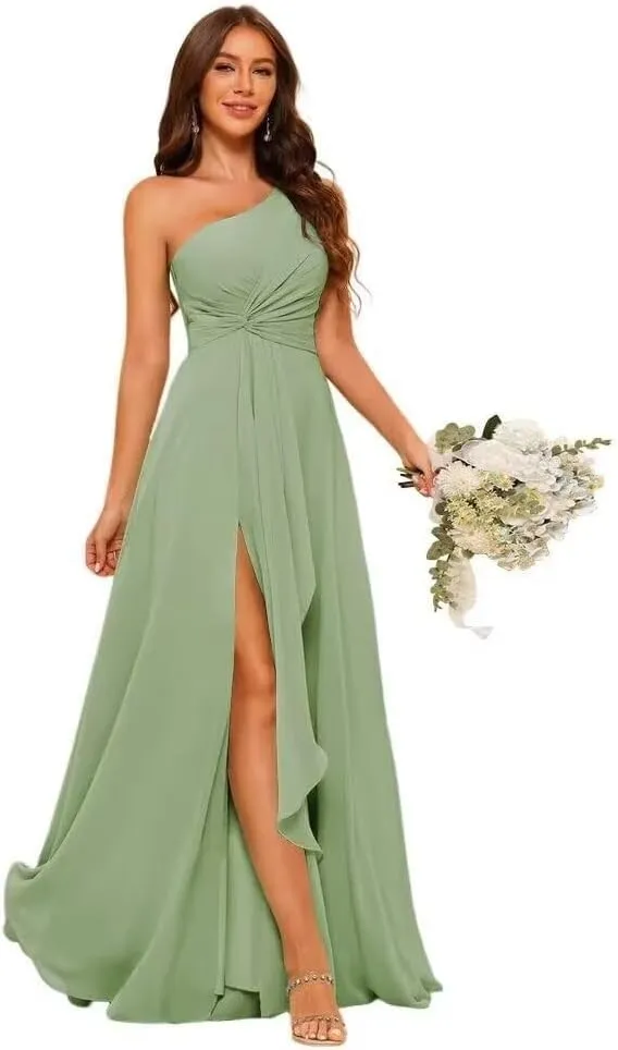 A-line Chiffon Bridesmaid Dress for Women, One Shoulder Formal Evening Gown Sleeveless Prom Dress