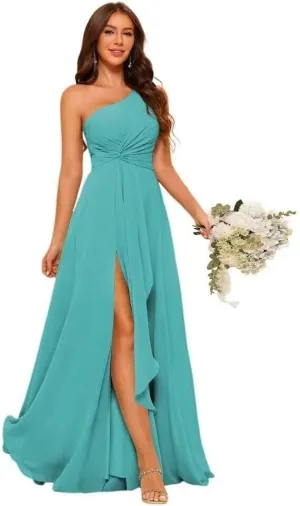 A-line Chiffon Bridesmaid Dress for Women, One Shoulder Formal Evening Gown Sleeveless Prom Dress