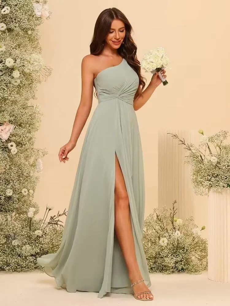 A-line Chiffon Bridesmaid Dress for Women, One Shoulder Formal Evening Gown Sleeveless Prom Dress