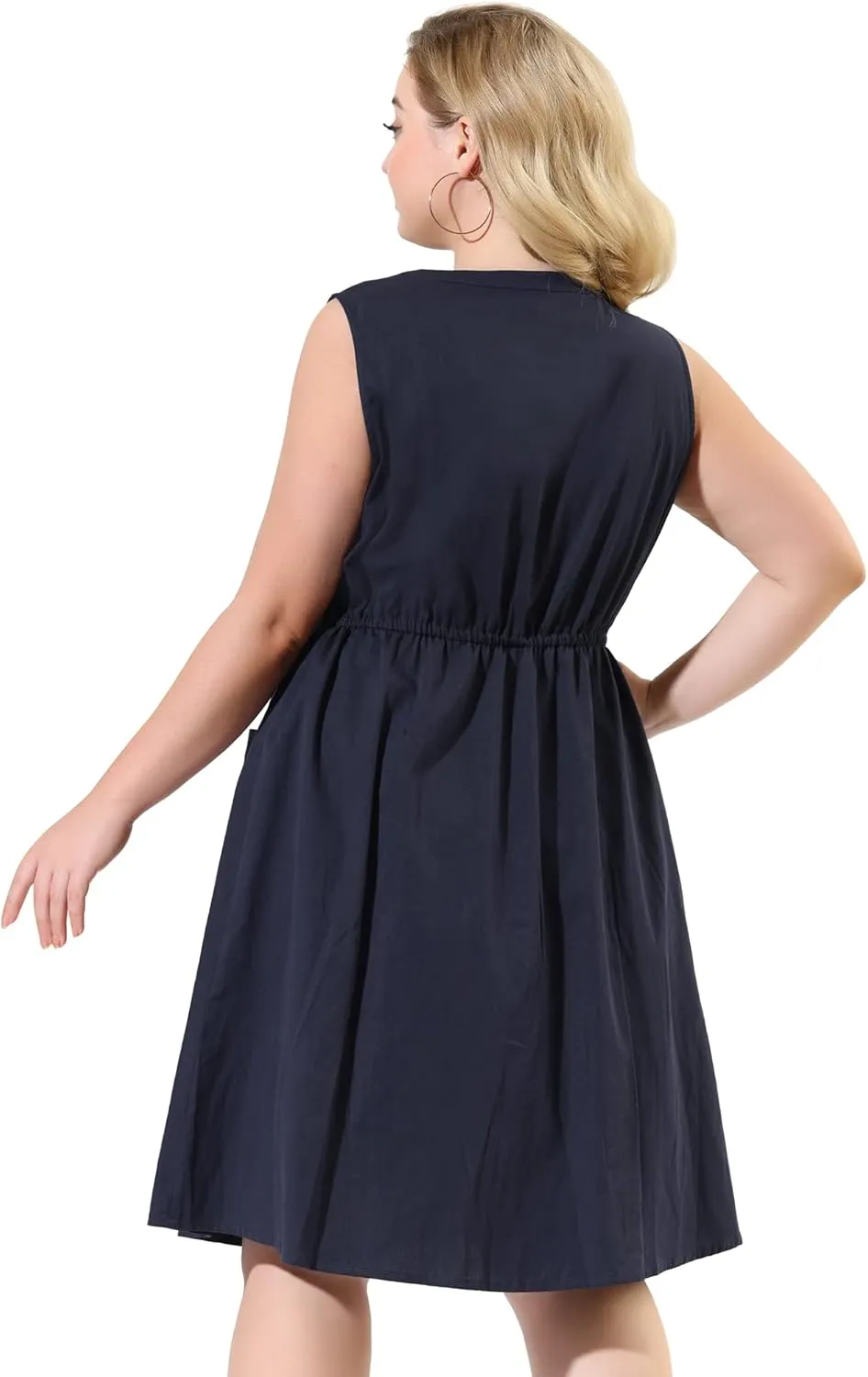Agnes Orinda Plus Size Dresses for Women V Neck Sleeveless Pocket Drawstring Waist Midi Work Shirt Dress