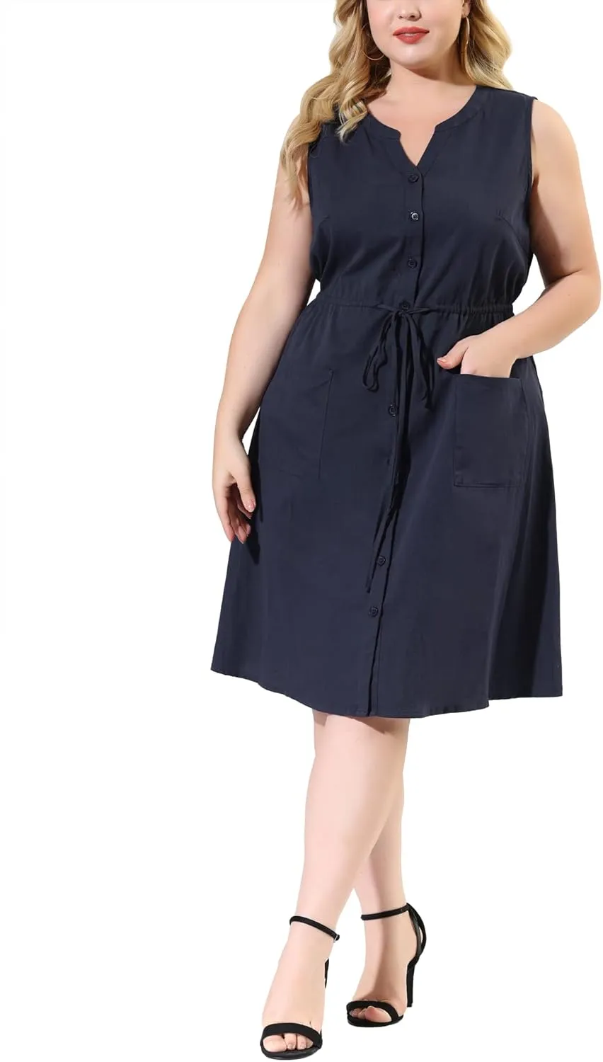 Agnes Orinda Plus Size Dresses for Women V Neck Sleeveless Pocket Drawstring Waist Midi Work Shirt Dress