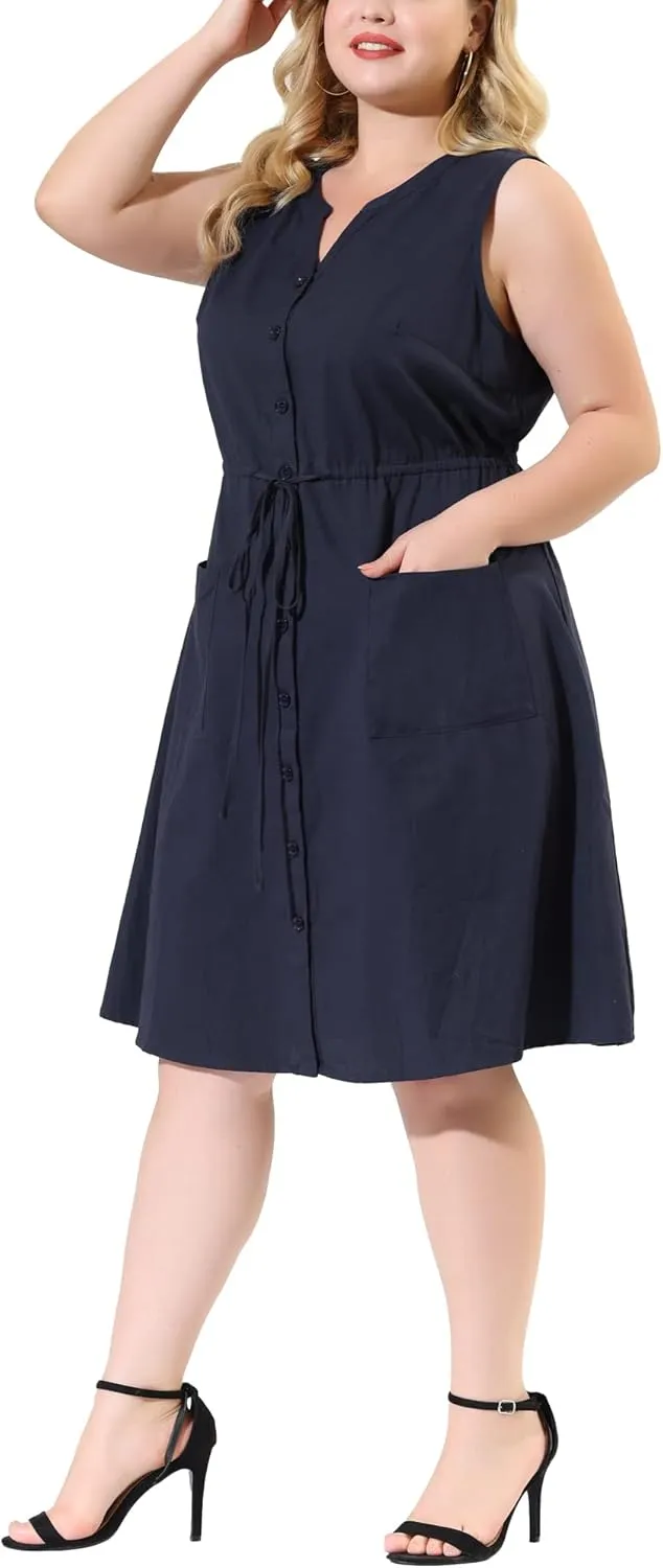 Agnes Orinda Plus Size Dresses for Women V Neck Sleeveless Pocket Drawstring Waist Midi Work Shirt Dress