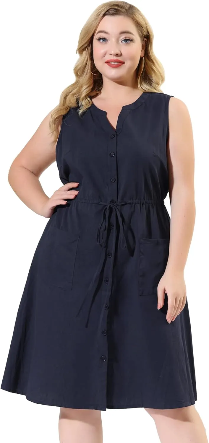 Agnes Orinda Plus Size Dresses for Women V Neck Sleeveless Pocket Drawstring Waist Midi Work Shirt Dress