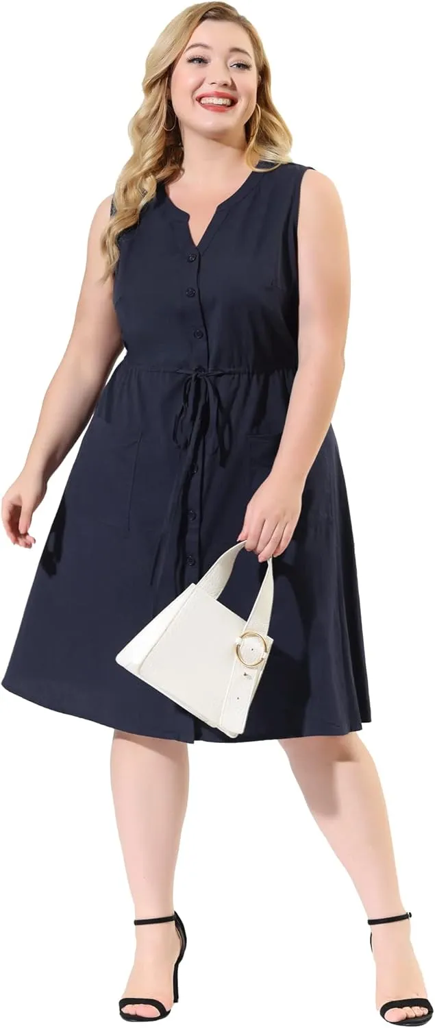 Agnes Orinda Plus Size Dresses for Women V Neck Sleeveless Pocket Drawstring Waist Midi Work Shirt Dress