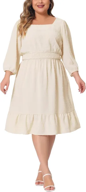 Agnes Orinda Plus Size Midi Dresses for Women Vintage Square Neck Swiss Dots Boho Chiffon Dress 2023