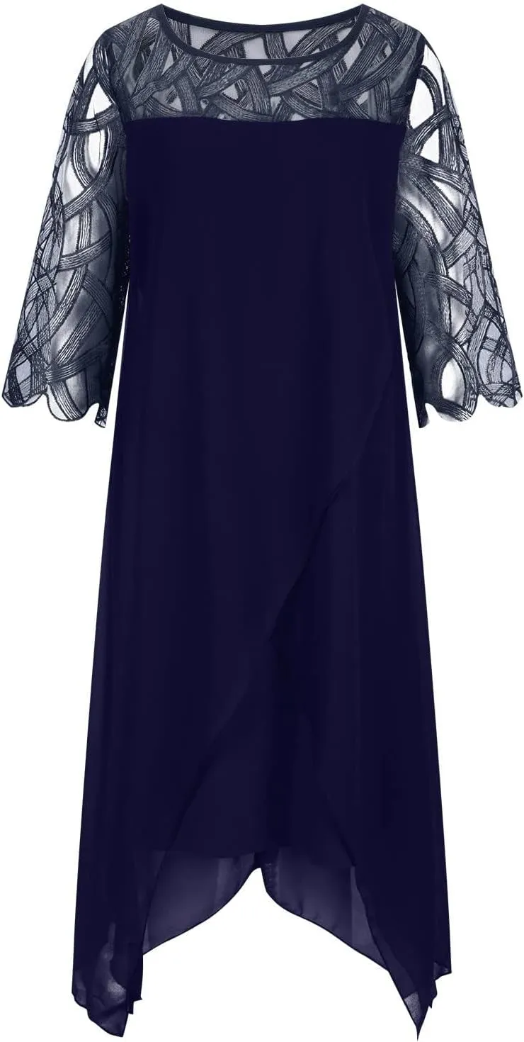 Akivide Womens 3/4 Sleeve Plus Size Dresses Round Neck Wrap Pencil Dress Formal Evening Wedding Party Midi Dress