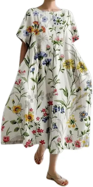 Akivide Womens Baggy Oversized Plus Size Boho Floral Cotton Maxi Dresses Summer Casual Loose Flowy Long Dress
