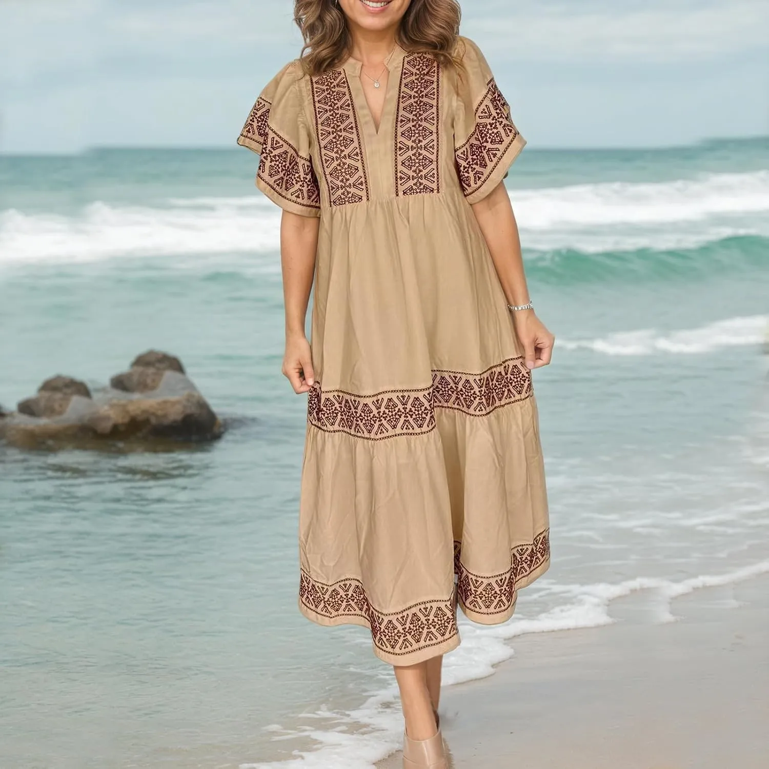 Akivide Women's Summer Boho Flutter Short Sleeve Midi Dress Flowy Casual Ruffle Tiered Beach Vacation Dress with Pockets