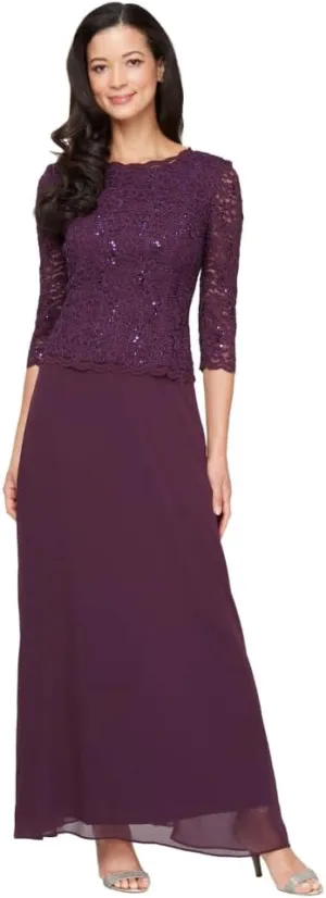 Alex Evenings Women's 3/4 Sleeve Stretch Lace Bodice One Piece Mother of The Bride Dress (Petite and Regular Sizes)