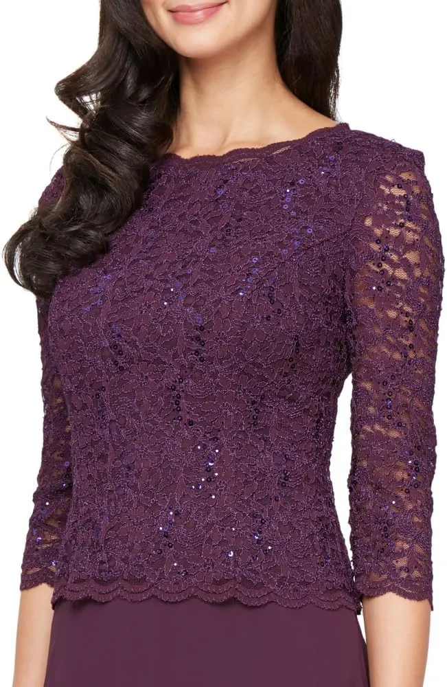 Alex Evenings Women's 3/4 Sleeve Stretch Lace Bodice One Piece Mother of The Bride Dress (Petite and Regular Sizes)