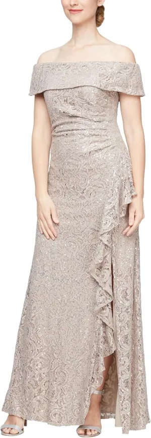 Alex Evenings Women's Long Foldover Off The Shoulder Gown, Formal Event, Mother of The Bride Dress