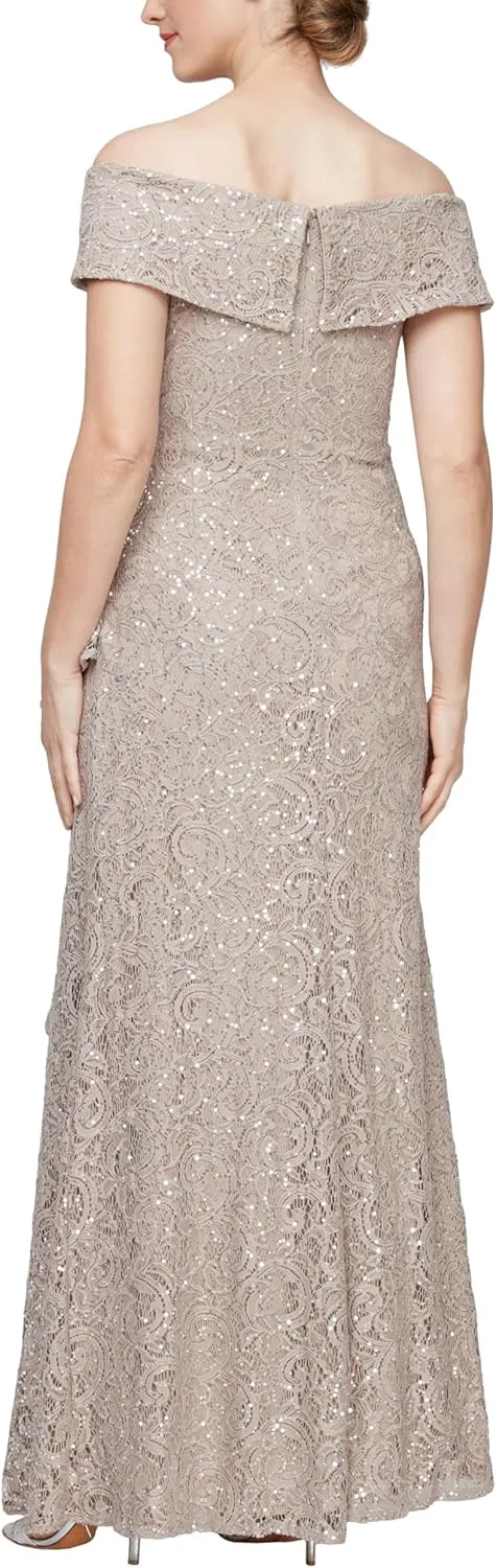 Alex Evenings Women's Long Foldover Off The Shoulder Gown, Formal Event, Mother of The Bride Dress