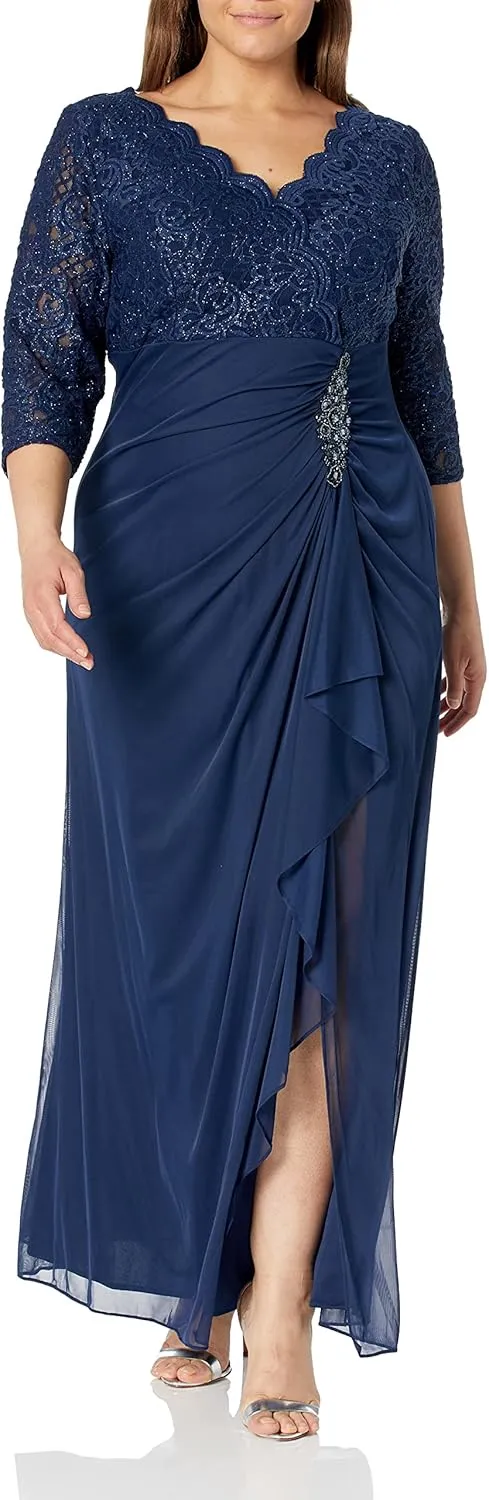 Alex Evenings Women's Long Lace Top Mother of The Bride Dress with Empire Waist (Plus Size)