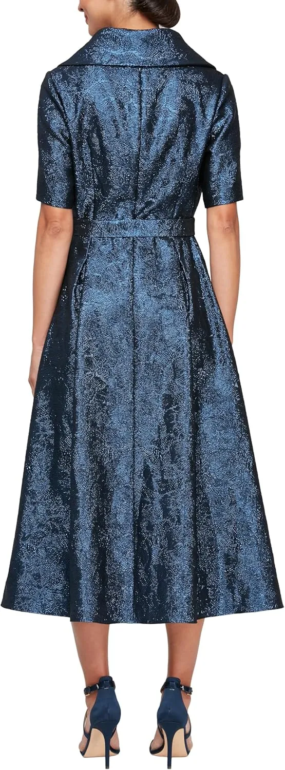 Alex Evenings Women's Portrait Collar Dress with Full Skirt, Pockets, and Tie Belt
