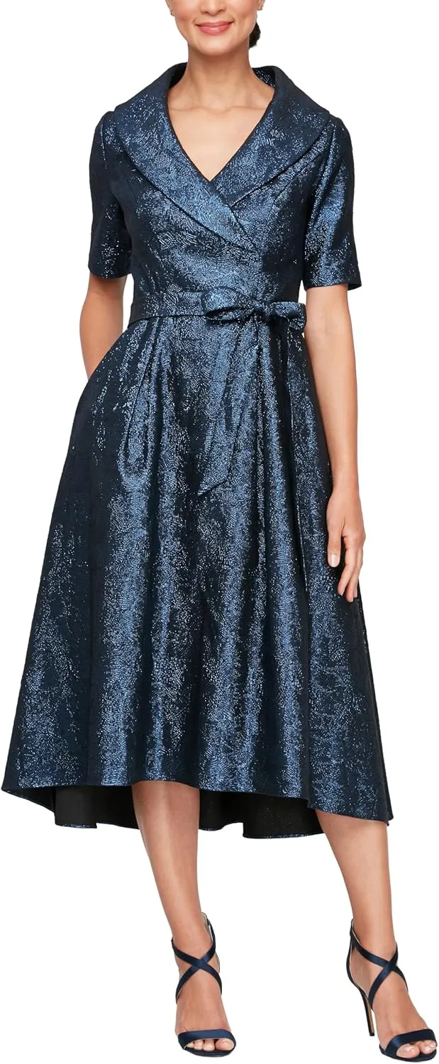 Alex Evenings Women's Portrait Collar Dress with Full Skirt, Pockets, and Tie Belt
