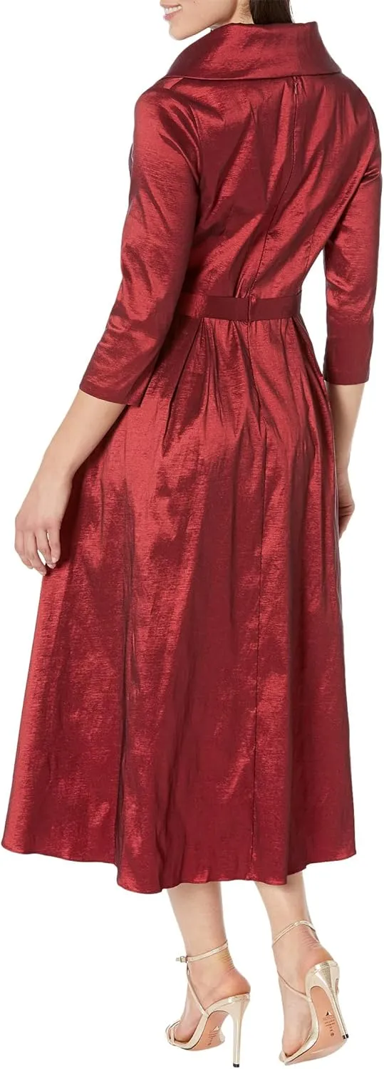 Alex Evenings Women's Portrait Collar Dress with Full Skirt, Pockets, and Tie Belt