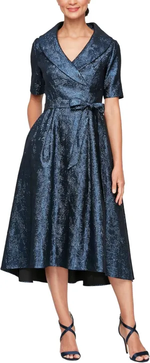 Alex Evenings Women's Portrait Collar Dress with Full Skirt, Pockets, and Tie Belt