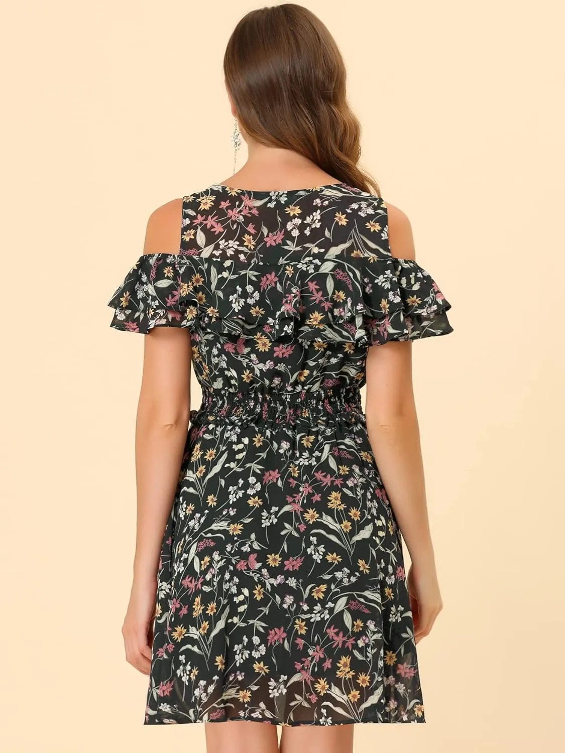 Allegra K Cold Shoulder Dresses for Women's Summer Smocked Waist Chiffon Floral Mini Dress