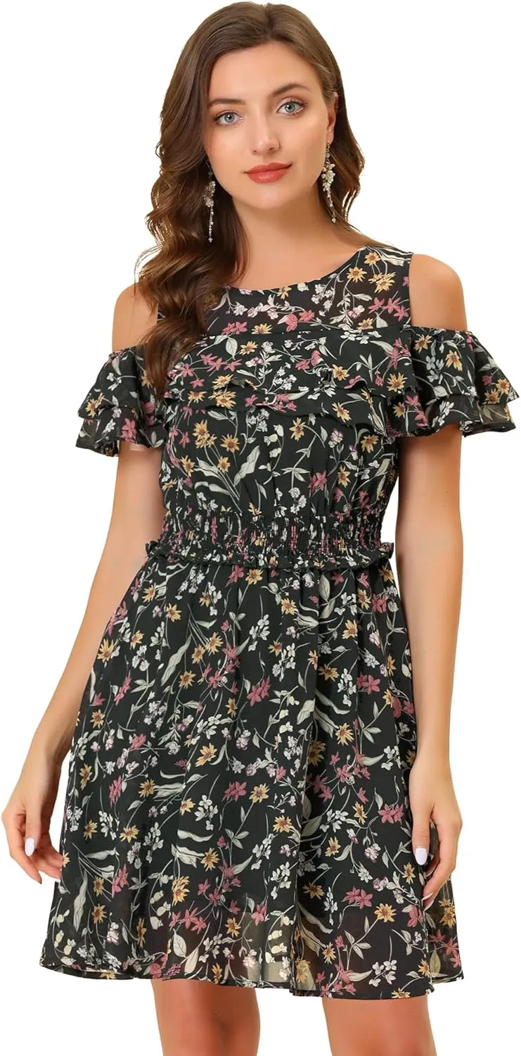 Allegra K Cold Shoulder Dresses for Women's Summer Smocked Waist Chiffon Floral Mini Dress
