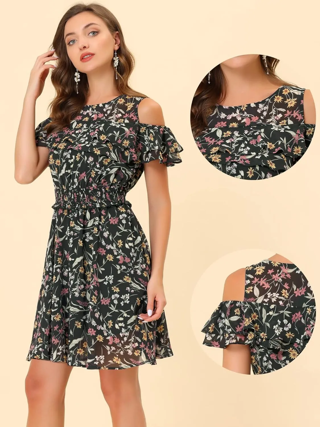 Allegra K Cold Shoulder Dresses for Women's Summer Smocked Waist Chiffon Floral Mini Dress