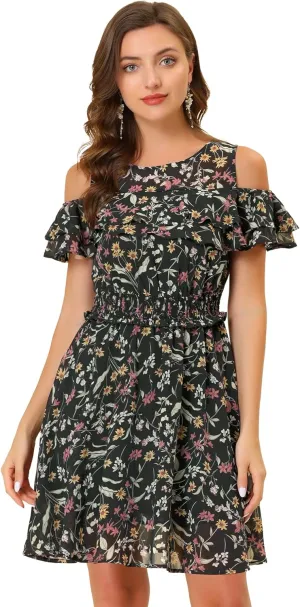 Allegra K Cold Shoulder Dresses for Women's Summer Smocked Waist Chiffon Floral Mini Dress