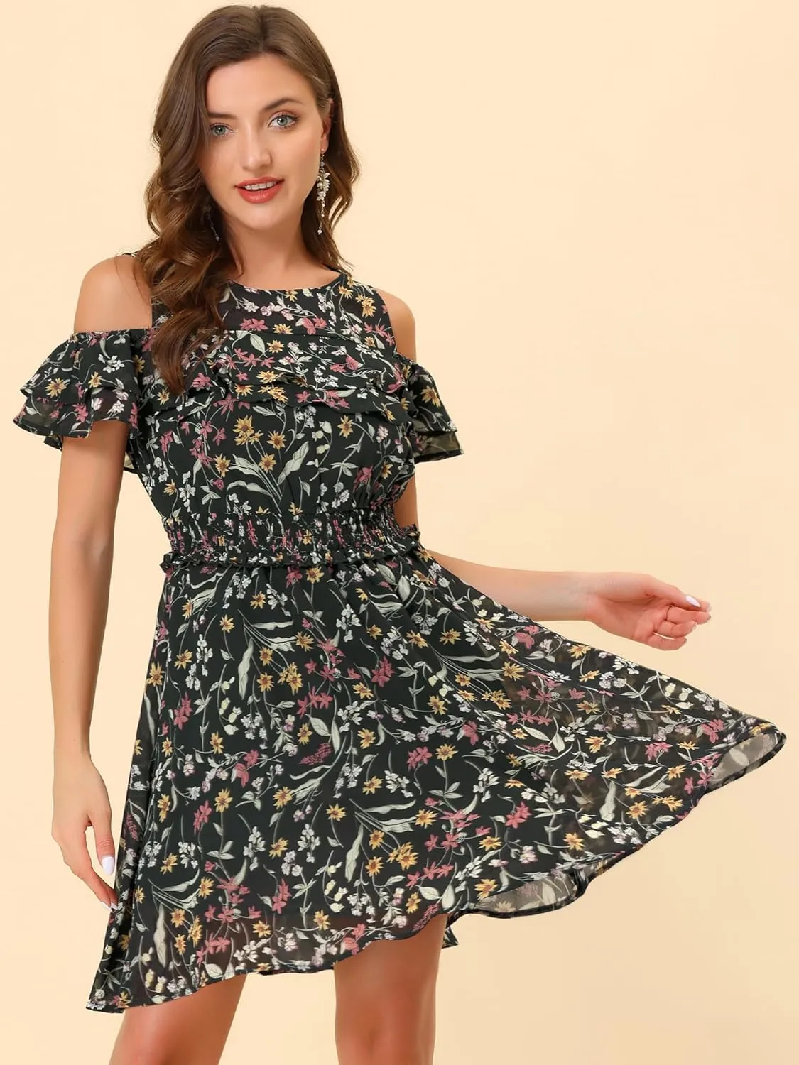 Allegra K Cold Shoulder Dresses for Women's Summer Smocked Waist Chiffon Floral Mini Dress