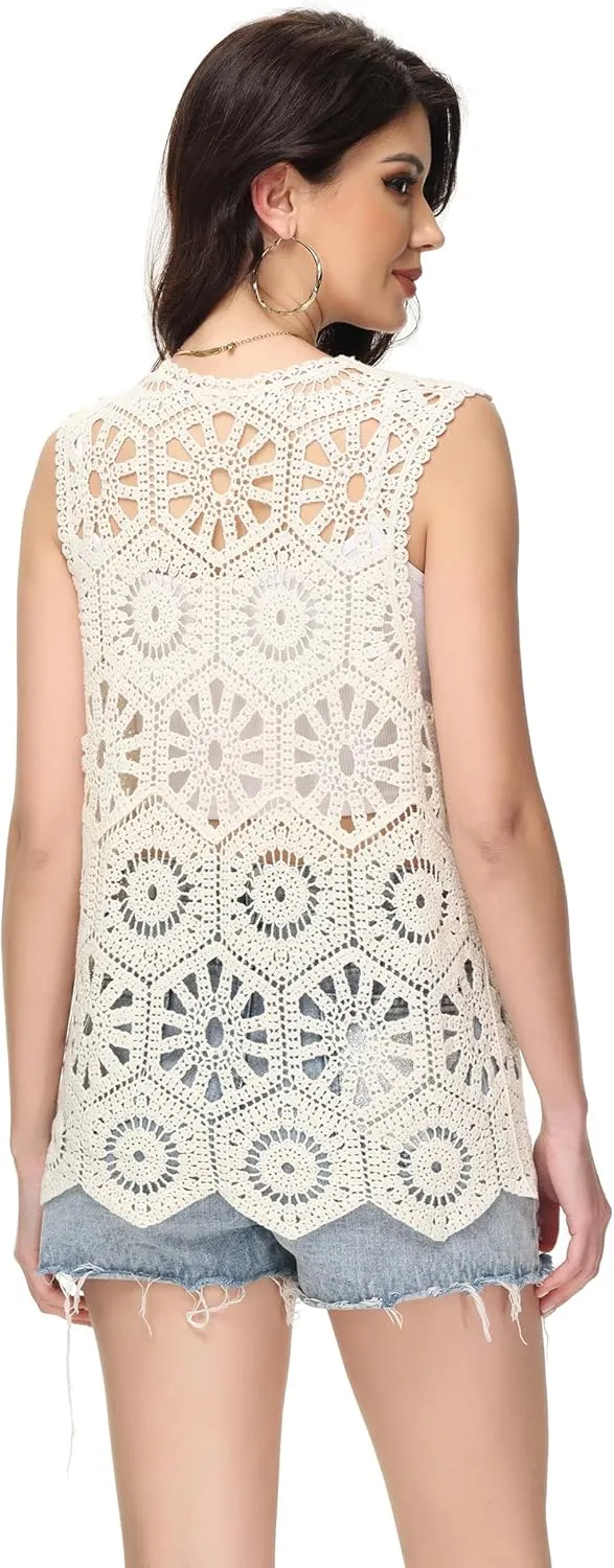 Anna-Kaci Crochet Vest Sleeveless Boho Lace Cardigan Stylish and Cute Cover Up