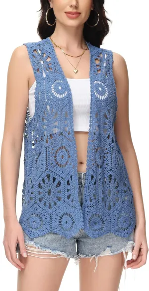 Anna-Kaci Crochet Vest Sleeveless Boho Lace Cardigan Stylish and Cute Cover Up