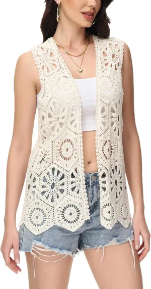 Anna-Kaci Crochet Vest Sleeveless Boho Lace Cardigan Stylish and Cute Cover Up