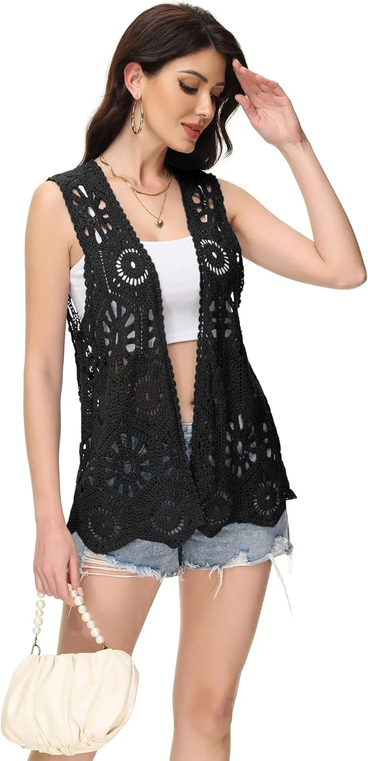 Anna-Kaci Crochet Vest Sleeveless Boho Lace Cardigan Stylish and Cute Cover Up